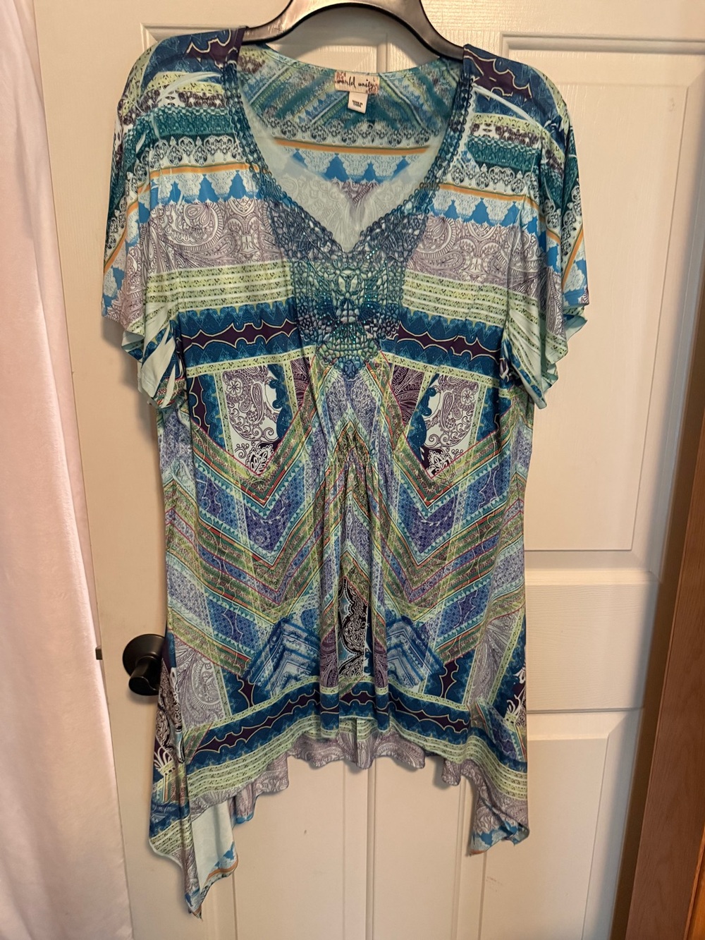 Boho V-Neck Tunic with Crochet Detail in Teal Multi - Women's Top by World Unity